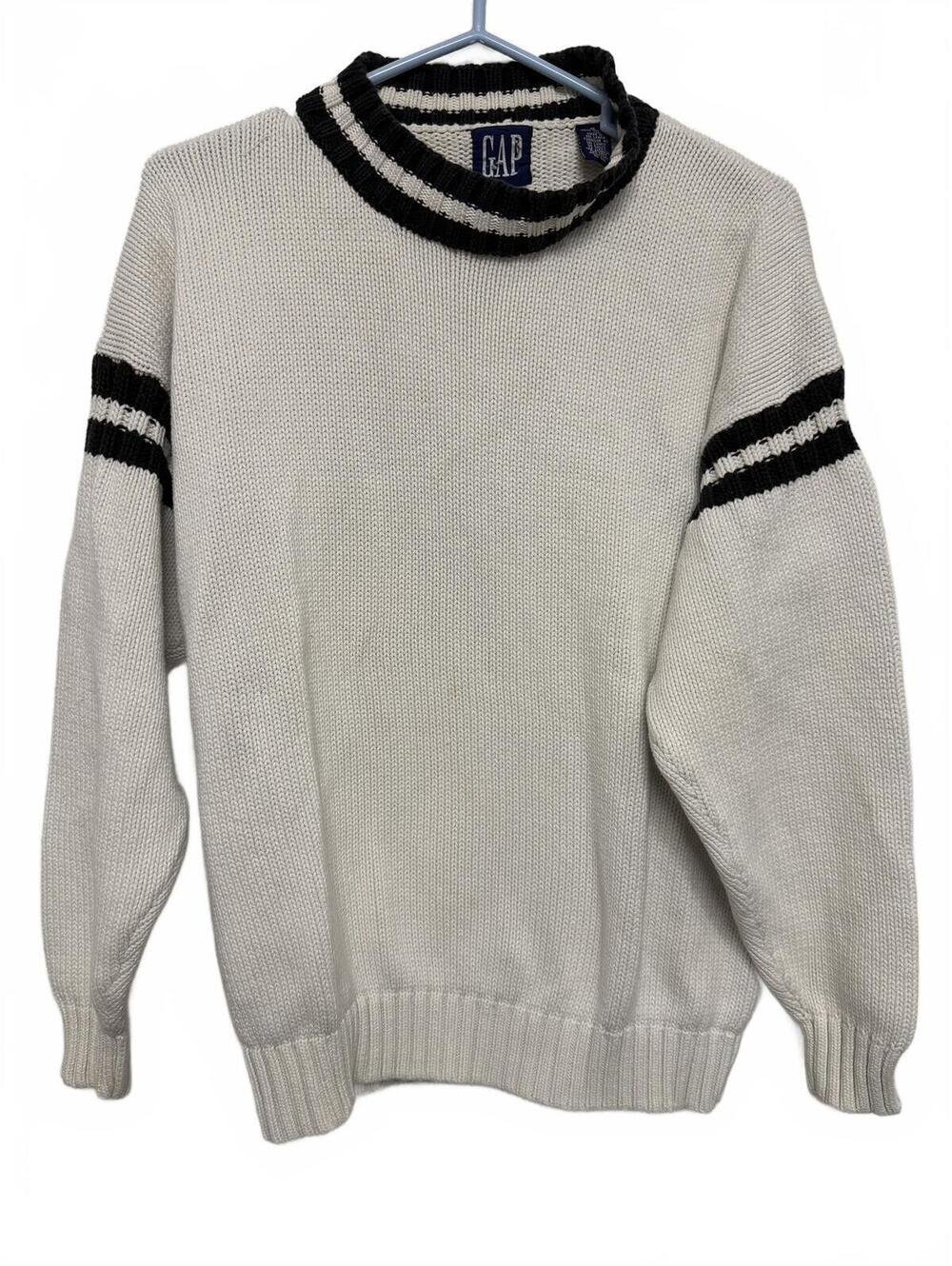GAP Classic White Cotton Sweater with Black Striped Collar and Sleeves, Size M